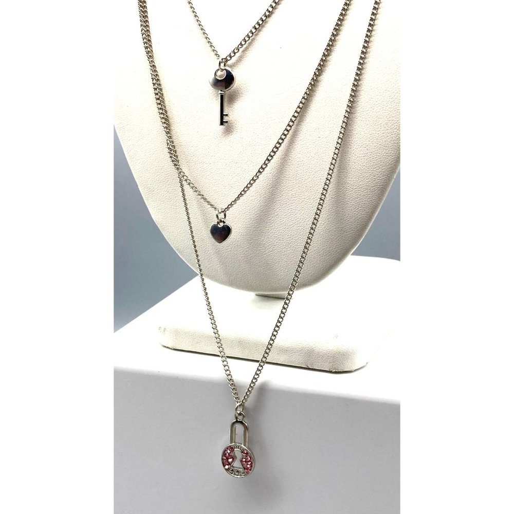 Vintage Triple Strand Delicate Chain Necklace, Silver Tone with Charm Pendants